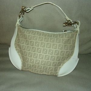 Fendi White Leather and Tan Canvas Monogram Bag